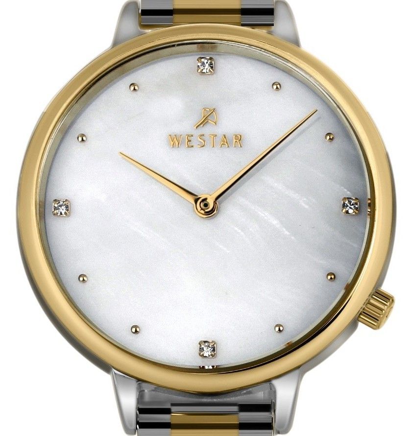 Westar Zing Crystal Accents Two Tone Stainless Steel White Mother Of Pearl Dial Quartz 00135CBN111 Women's Watch