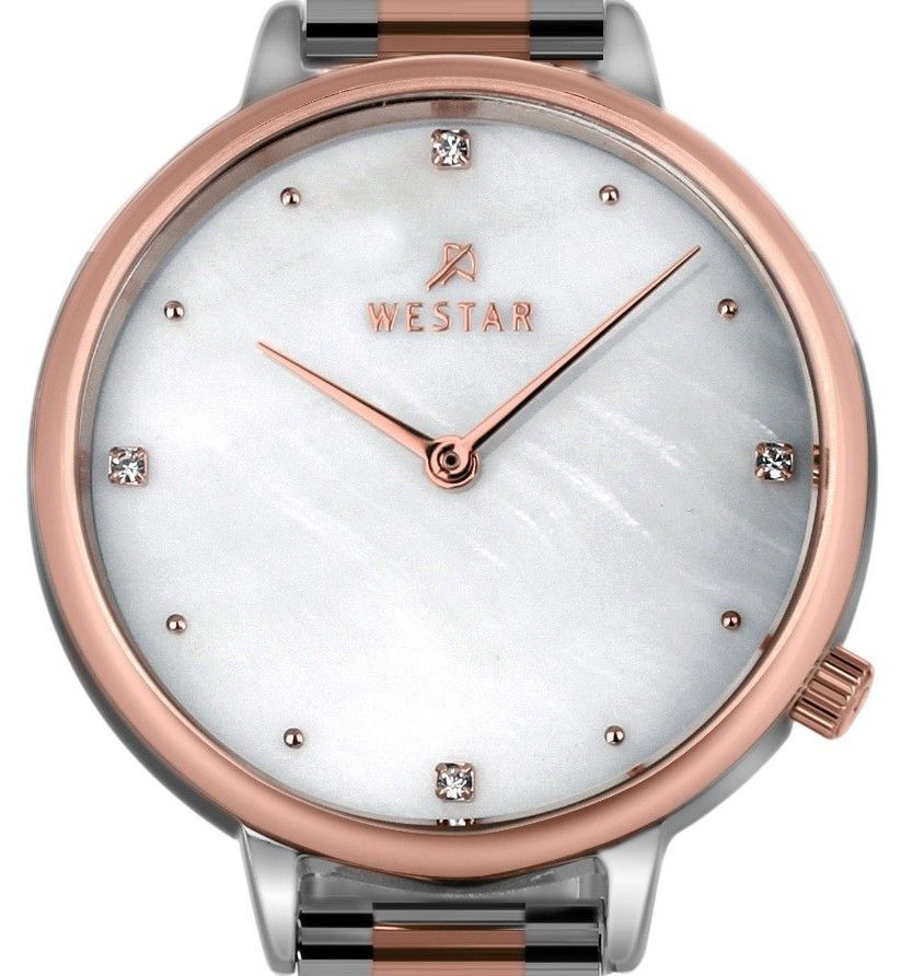 Westar Zing Crystal Accents Two Tone Stainless Steel White Mother Of Pearl Dial Quartz 00135SPN611 Women's Watch