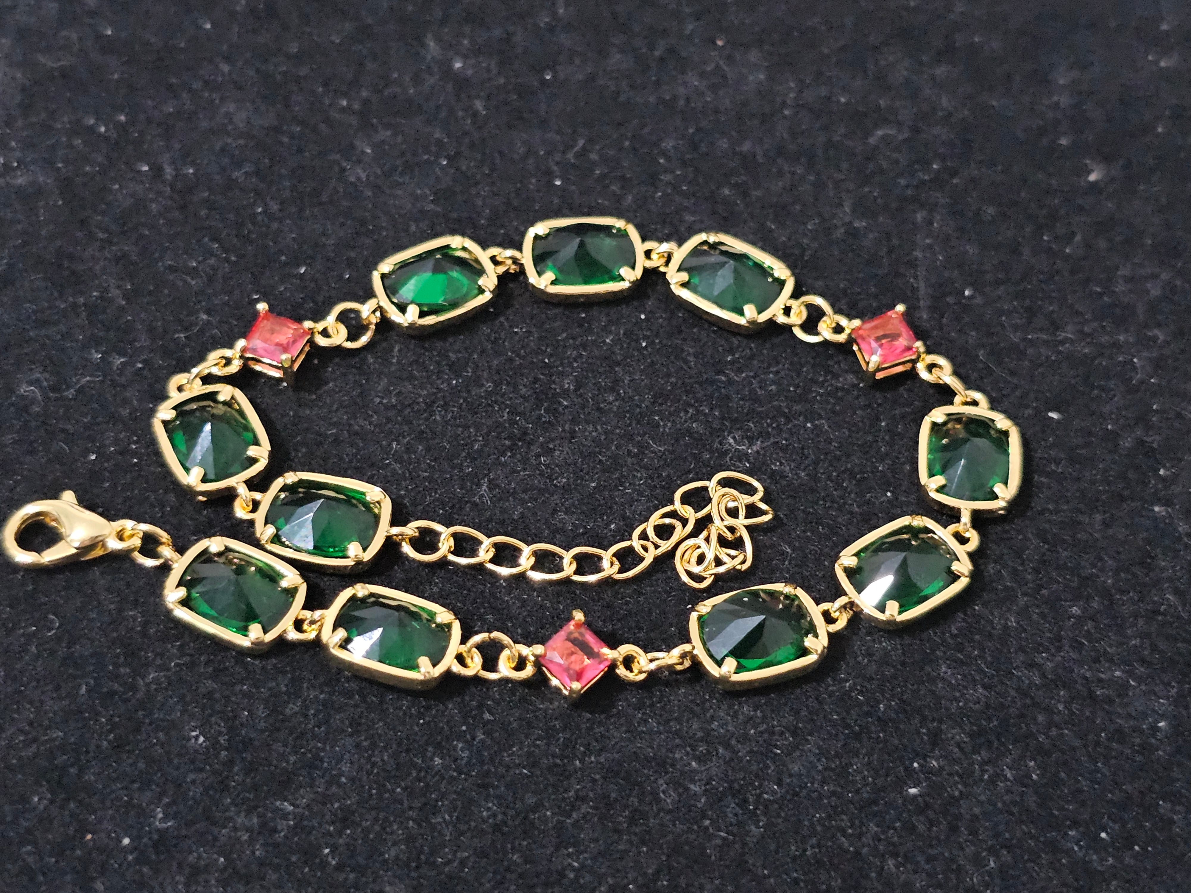 Timeless Allure: Green & Red Gemstone Bracelet in 18K Yellow Gold Plated Copper