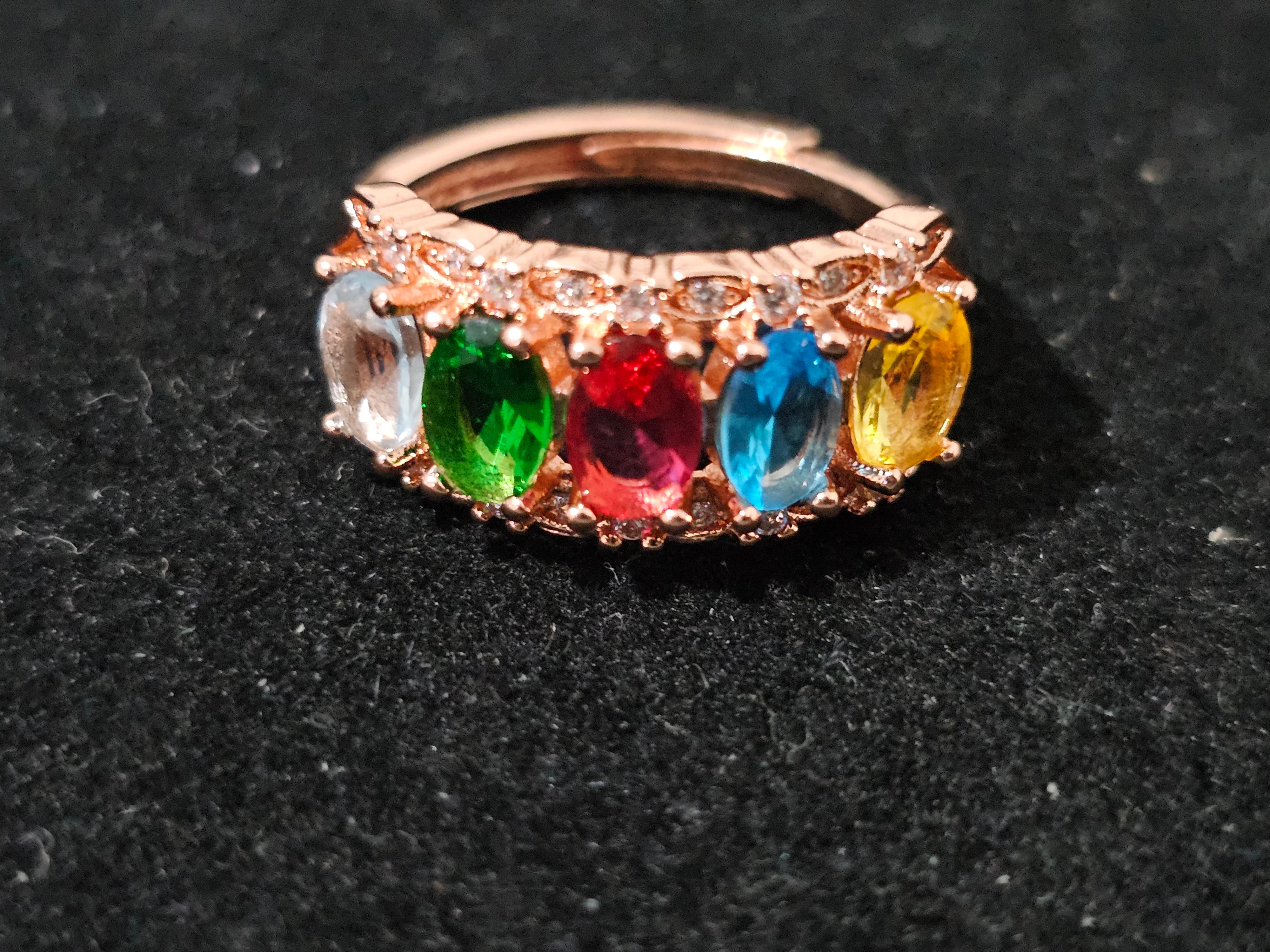 Multicolor Gemstone Ring – 14K Rose Gold Plated (Adjustable Size M to Q)