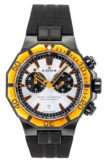 Edox Delfin The Original Chronograph Rubber Strap Silver Dial Quartz Diver's 10112-37GNOCA-ANO 200M Men's Watch