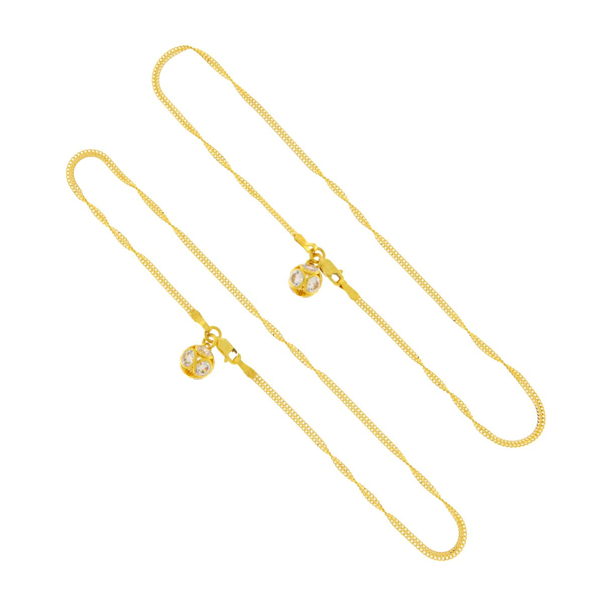 22ct Gold Twisted Chain Anklets with CZ Ball Charms (Pair) - A120724