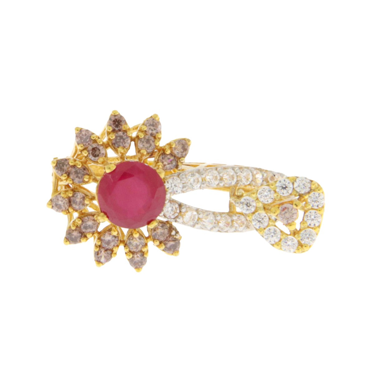 22ct Gold Chatham Ruby Stone Floral Ring with CZ Accents - A121650
