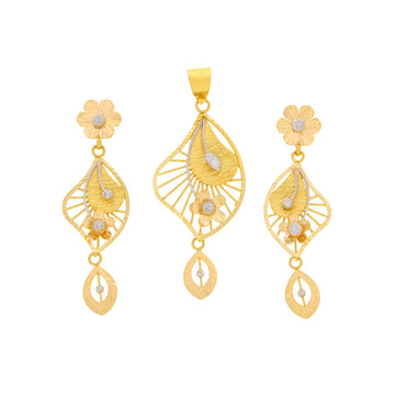 22ct Gold Leaf & Floral Drop Pendant Set - A122436