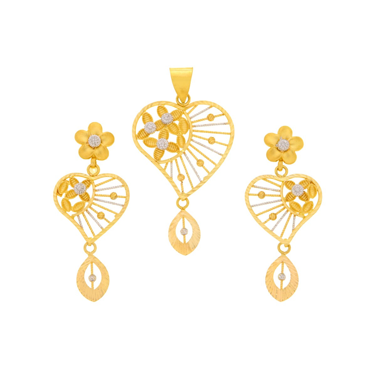 22ct Gold Heart & Floral Drop Pendant Set - A122438