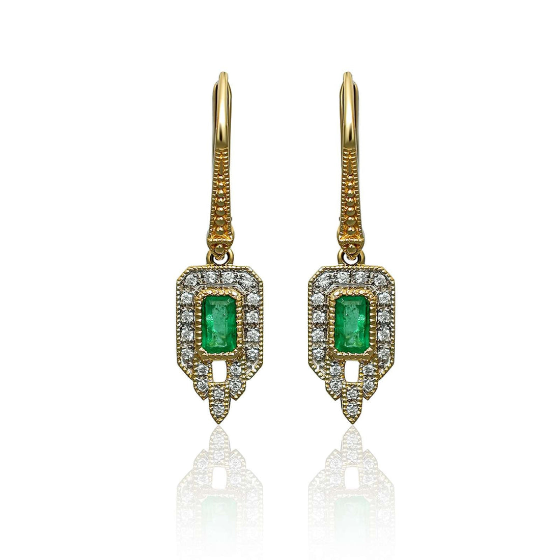 18ct gold Colour Pop drop earrings with 5x3mm oiled emeralds and 0.13ct diamonds in rubover/grain setting, hinged fitting