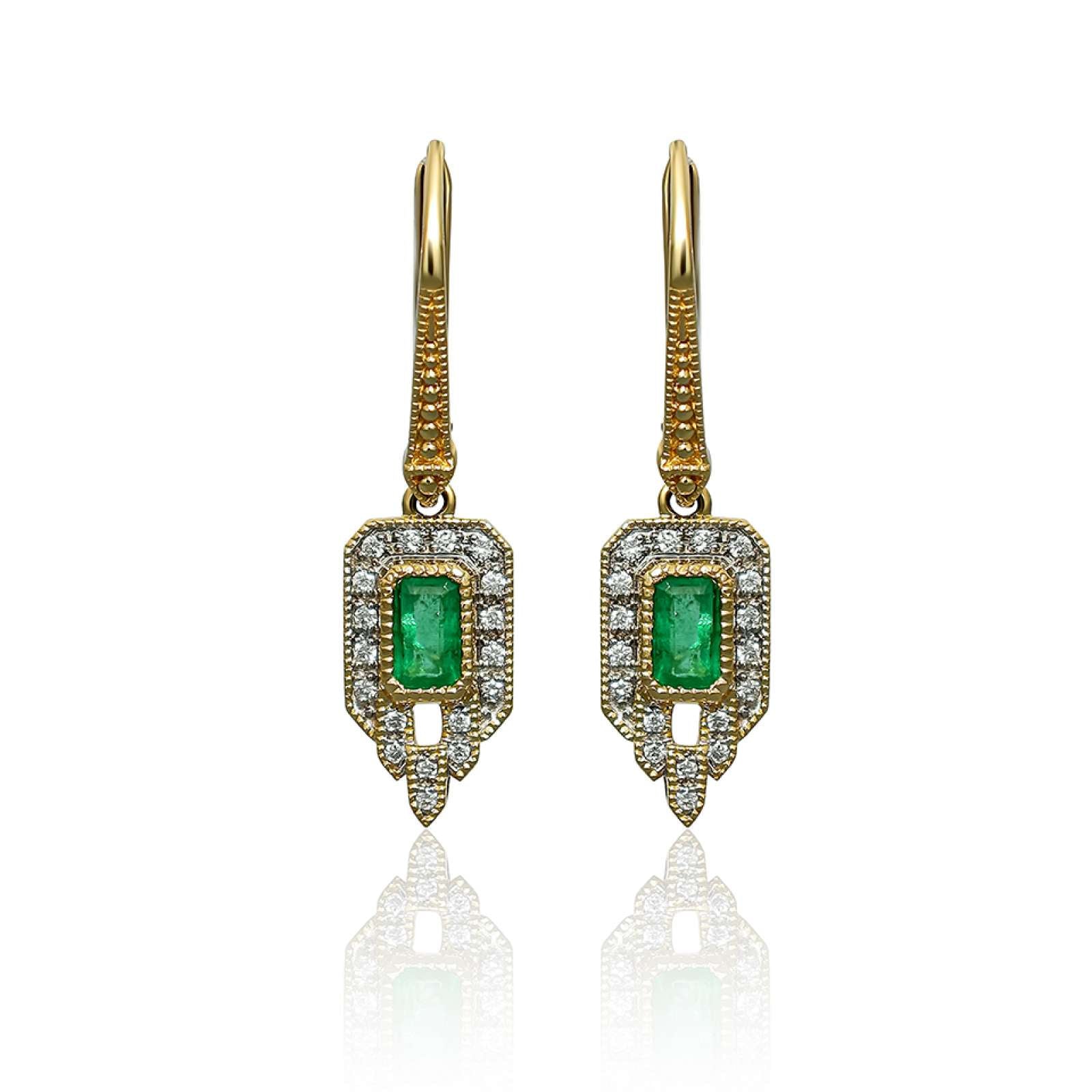 18ct gold Colour Pop drop earrings with 5x3mm oiled emeralds and 0.13ct diamonds in rubover/grain setting, hinged fitting