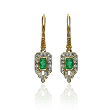 18ct gold Colour Pop drop earrings with 5x3mm oiled emeralds and 0.13ct diamonds in rubover/grain setting, hinged fitting