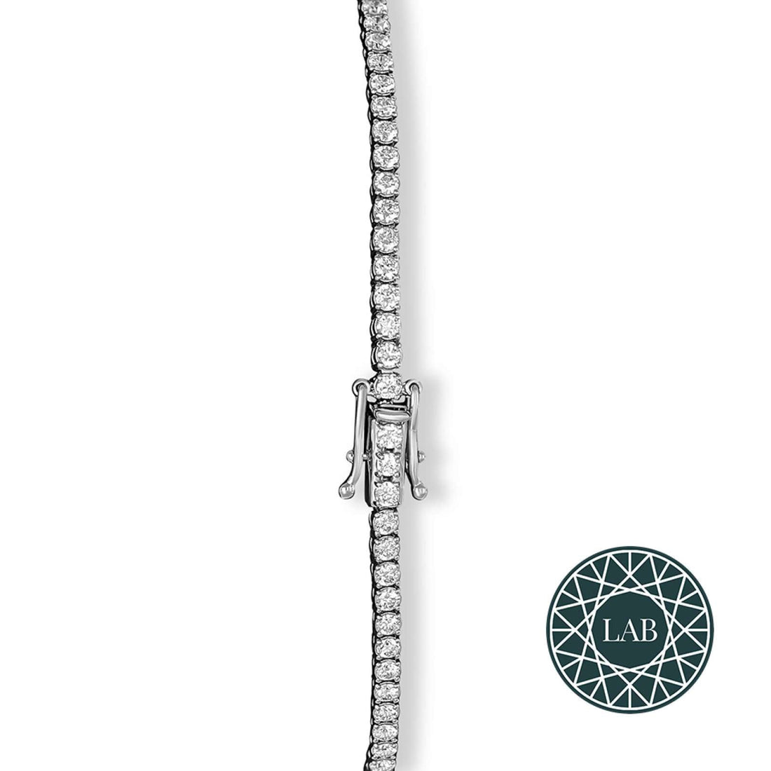 18ct gold line bracelet featuring lab-grown diamonds in claw setting with secure box clasp, available in white or yellow gold