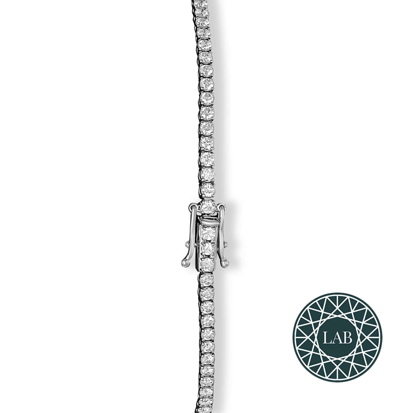 18ct gold line bracelet featuring lab-grown diamonds in claw setting with secure box clasp, available in white or yellow gold