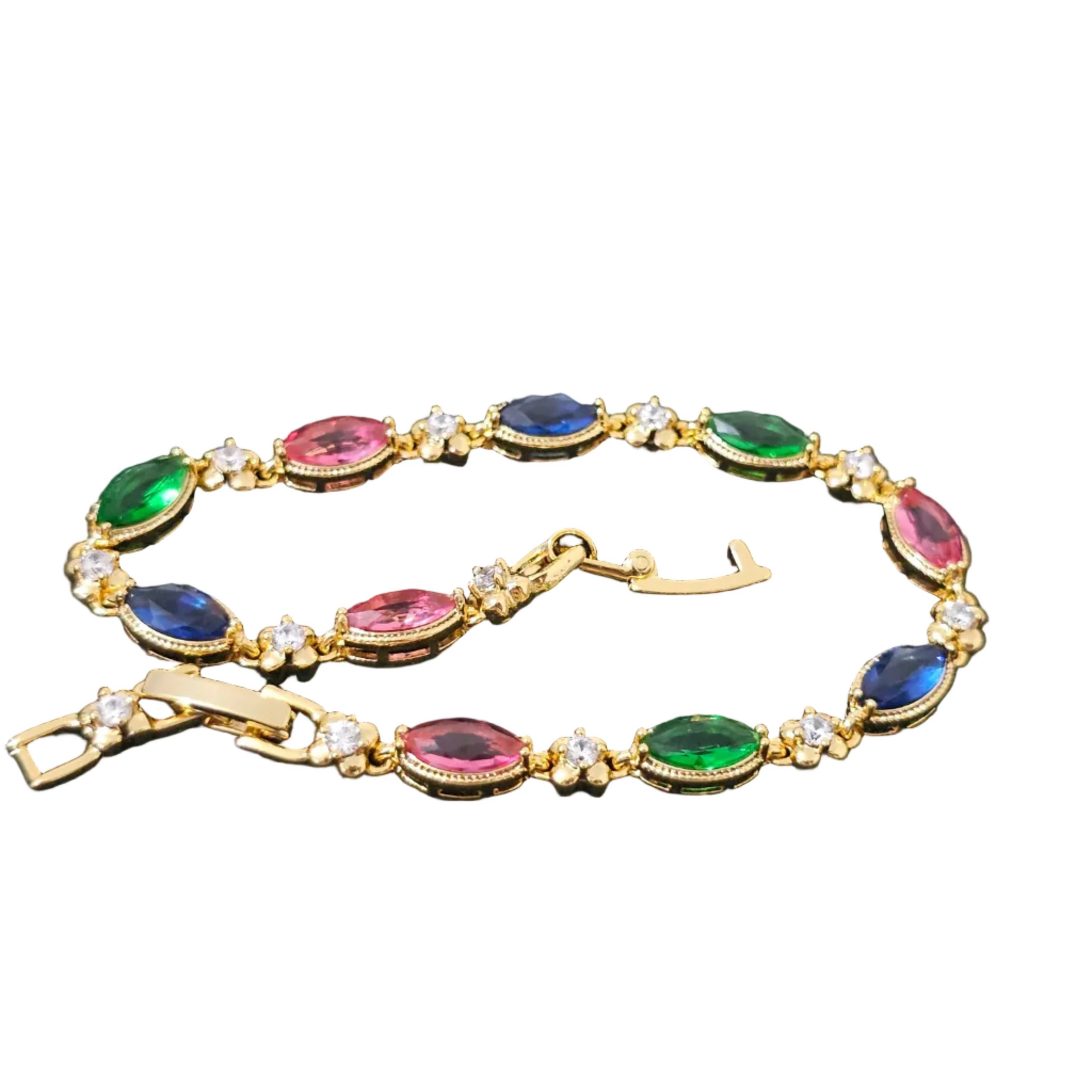 18K gold-plated bracelet with multicolor gemstones and sparkling white accents, secure clasp, lightweight, hypoallergenic, perfect for gifting or celebrations