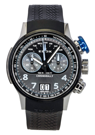 Edox Chronorally Chronograph Rubber Strap Grey Dial Quartz 38003-TINBU-GNBU 100M Men's Watch