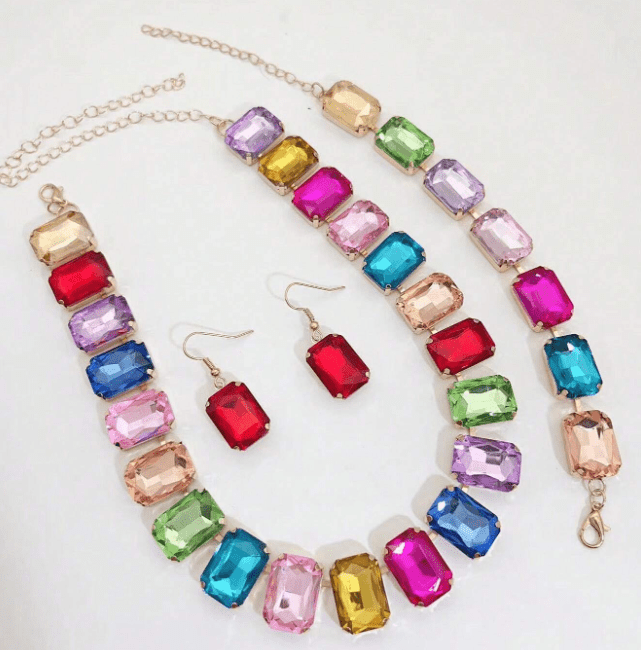 3pcs Luxury Colorful Rhinestone Crystal Jewelry Set – Necklace, Earrings & Bracelet | Mixed Color | Perfect for Party & Evening Wear - Prestige Stones