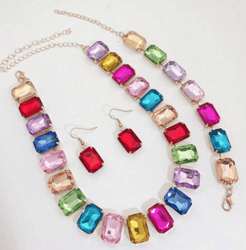 3pcs Luxury Colorful Rhinestone Crystal Jewelry Set – Necklace, Earrings & Bracelet | Mixed Color | Perfect for Party & Evening Wear - Prestige Stones