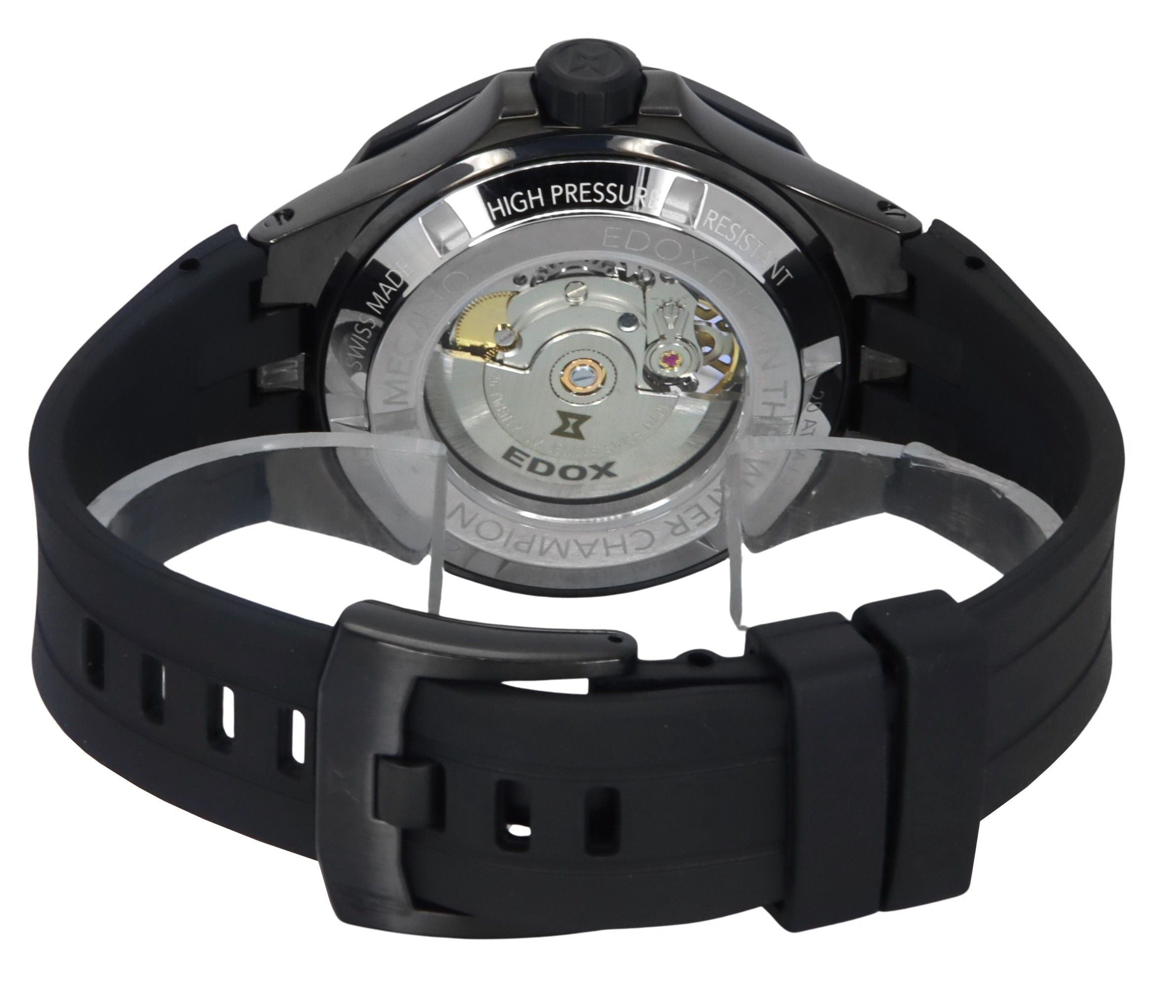 Edox Delfin The Original Mecano Rubber Strap Skeleton Black Dial Automatic Diver's 85303 357GN NGN 200M Men's Watch