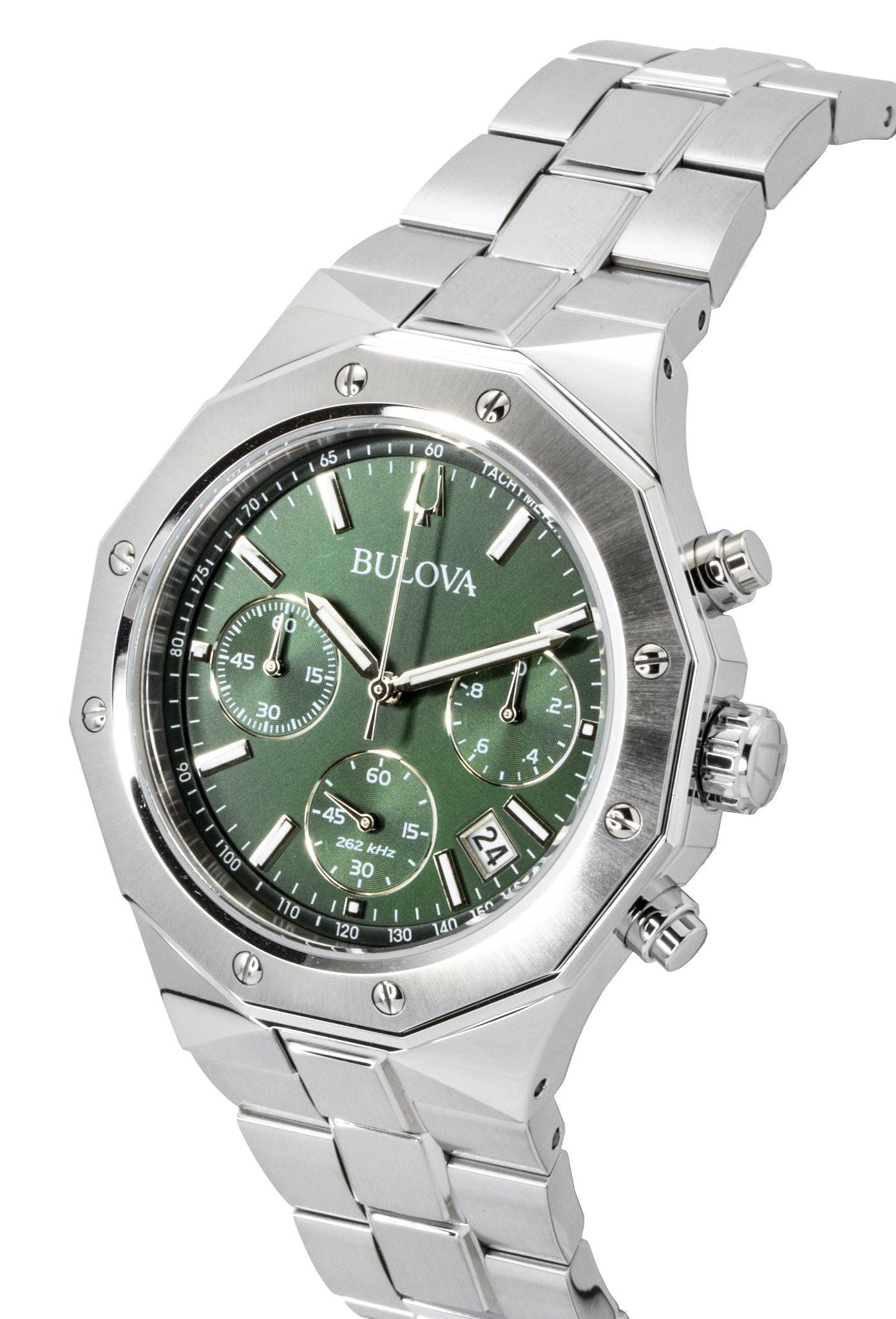 Bulova Octagon Prestige Chronograph Stainless Steel Green Dial Quartz 96B409 100M Men's Watch