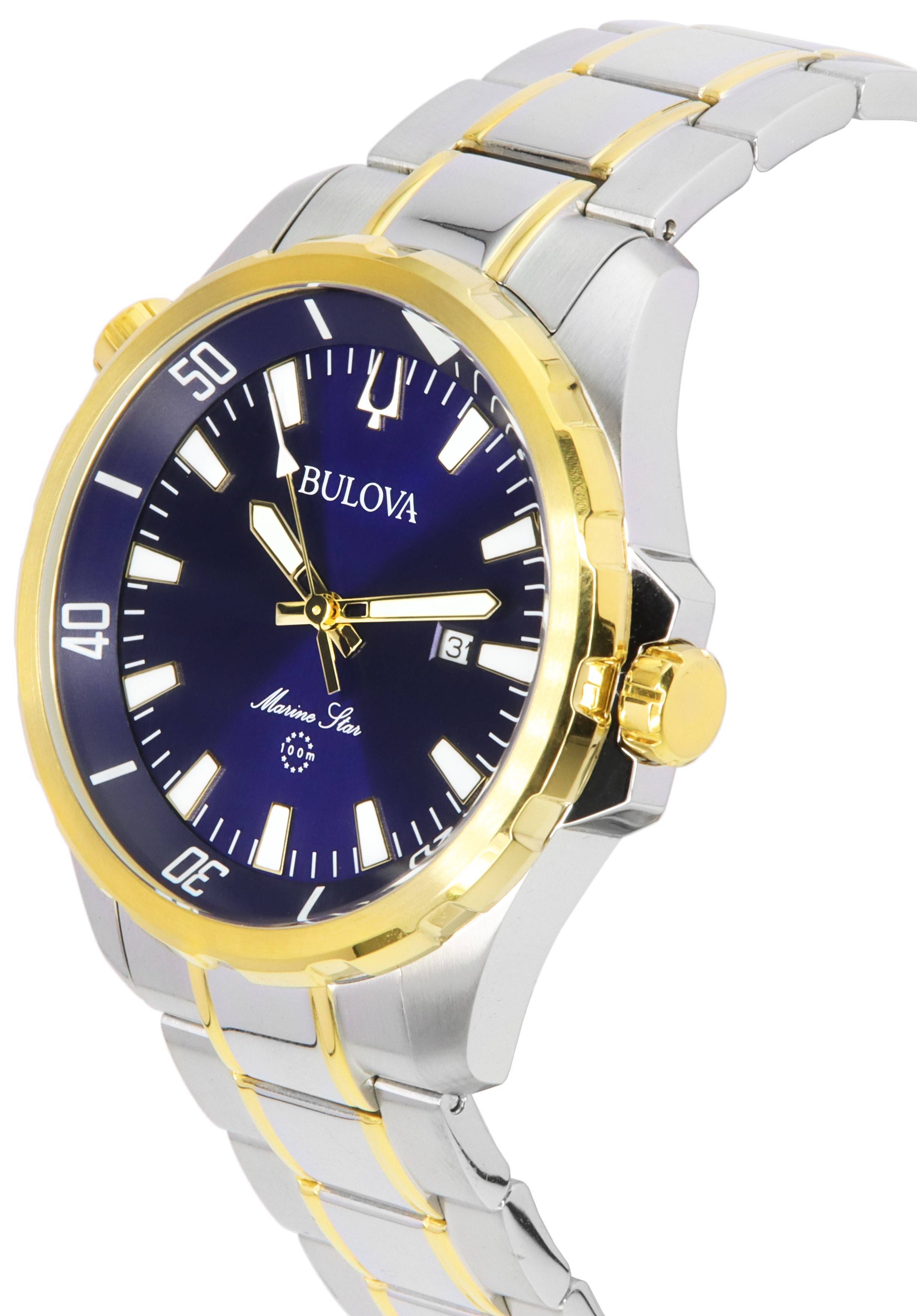 Bulova Marine Star Two Tone Bracelet Blue Dial Quartz 98B384 100M Men's Watch