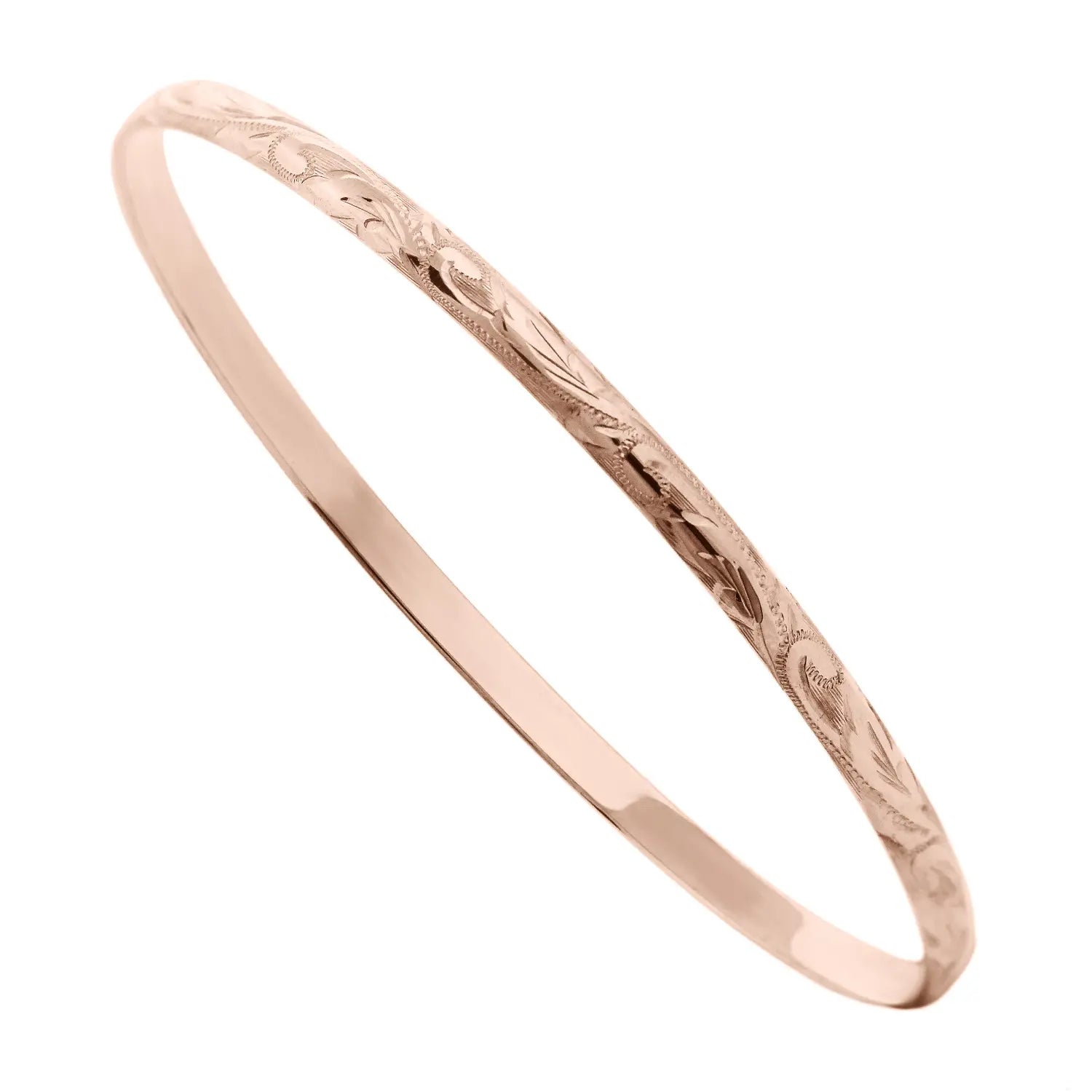 9ct rose gold ladies’ stacker bangle, hand-engraved with floral pattern, oval shape, 4mm round D-shaped wire, handmade in the UK
