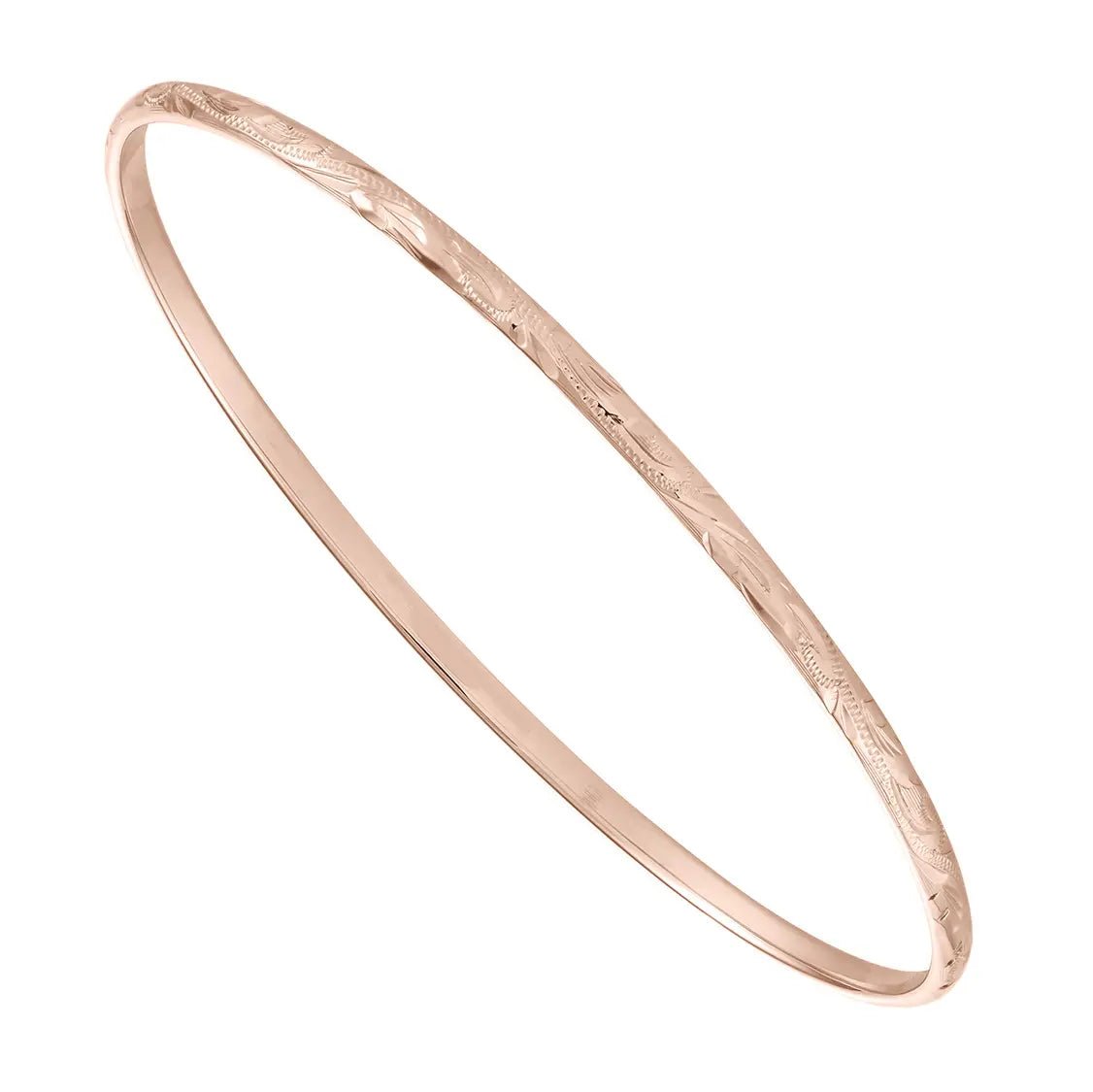 9ct rose gold ladies’ handmade stacker bangle, hand-engraved floral design, oval shape, 3mm round D-shaped wire, 60 x 70mm inside diameter, UK made