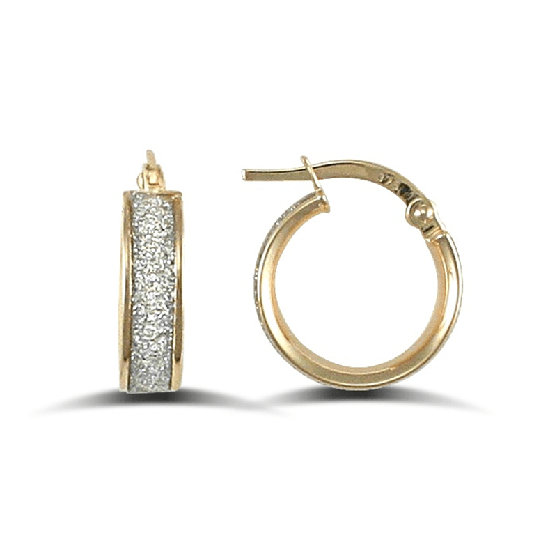9ct yellow gold ladies 10mm hoop earrings with sparkly glitter tubing, hinged bar closure, 1.2g lightweight