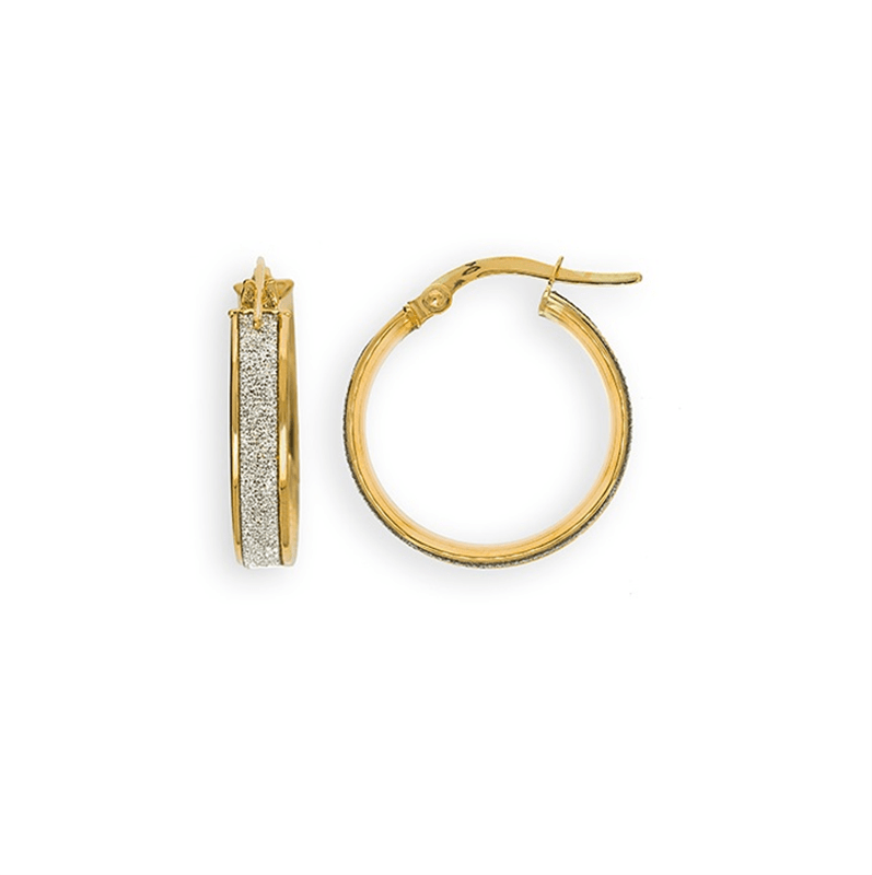 9ct yellow gold ladies 15mm hoop earrings with sparkly glitter tubing, hinged bar closure, 1.6g lightweight