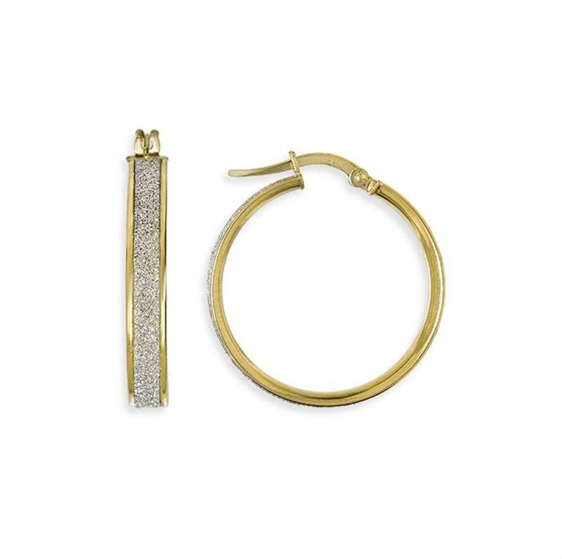 9ct yellow gold ladies 20mm hoop earrings with sparkly glitter tubing, hinged bar closure, 3.5mm width, 2.1g lightweight