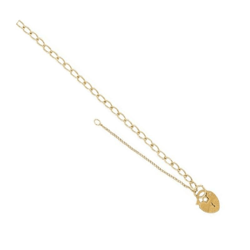 9ct yellow gold ladies curb link charm bracelet, 7.5 inch length, 3.2mm width, heart-shaped padlock, safety chain, 3.4g
