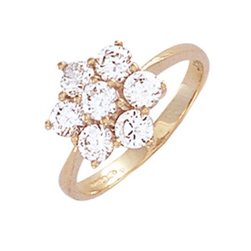 9ct yellow gold ladies CZ cluster ring with five cubic zirconia stones, 10.8mm width, 11.5mm height, 2.3g lightweight