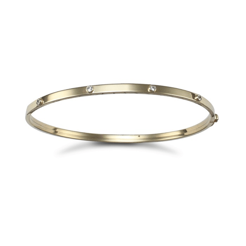 9ct yellow gold ladies CZ flexi bangle, hinge style, 60mm width, 70mm height, 3.2g lightweight, adjustable fit