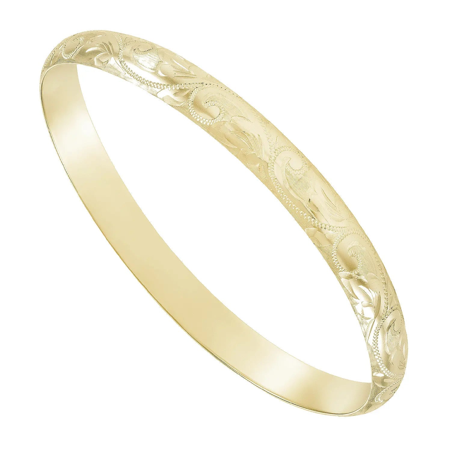 9ct yellow gold ladies’ stacker bangle, hand-engraved with floral pattern, oval shape, 60x70mm, 8mm wide, handmade in the UK