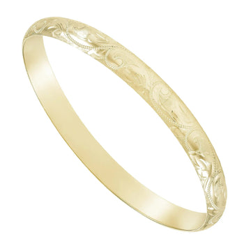 9ct yellow gold ladies’ stacker bangle, hand-engraved with floral pattern, oval shape, 60x70mm, 8mm wide, handmade in the UK