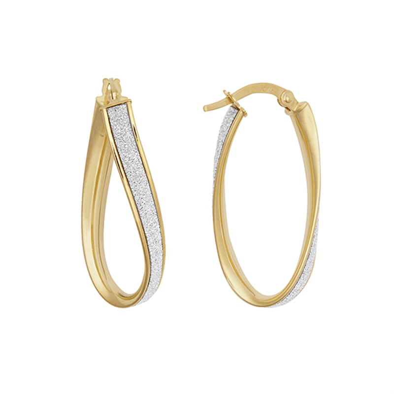 9ct yellow gold ladies glitter hoop earrings, 28.5mm height, 3.5mm width, lightweight 1.9g, hinged closure