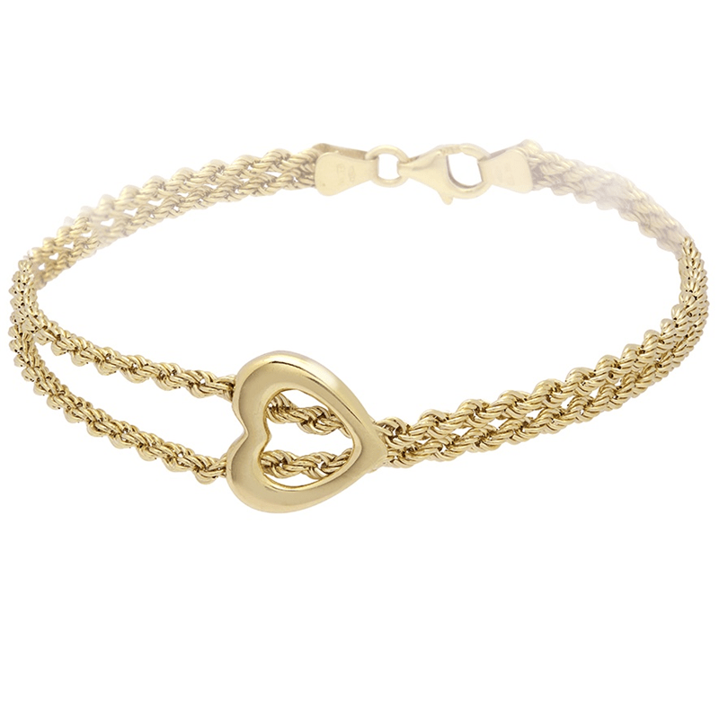 9ct yellow gold ladies heart double rope bracelet, 7 inches long, 12mm width, 3.0g lightweight, polished finish