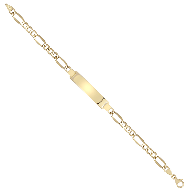 9ct yellow gold ladies Figaro ID bracelet, 7.75 inches long, 7.8mm width, 5.1g lightweight, polished finish, secure chain