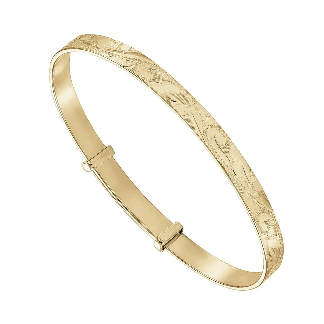 9ct yellow gold small ladies’ expandable bangle, hand-engraved with floral pattern, oval shape, 4mm wide flat wire, handmade in the UK
