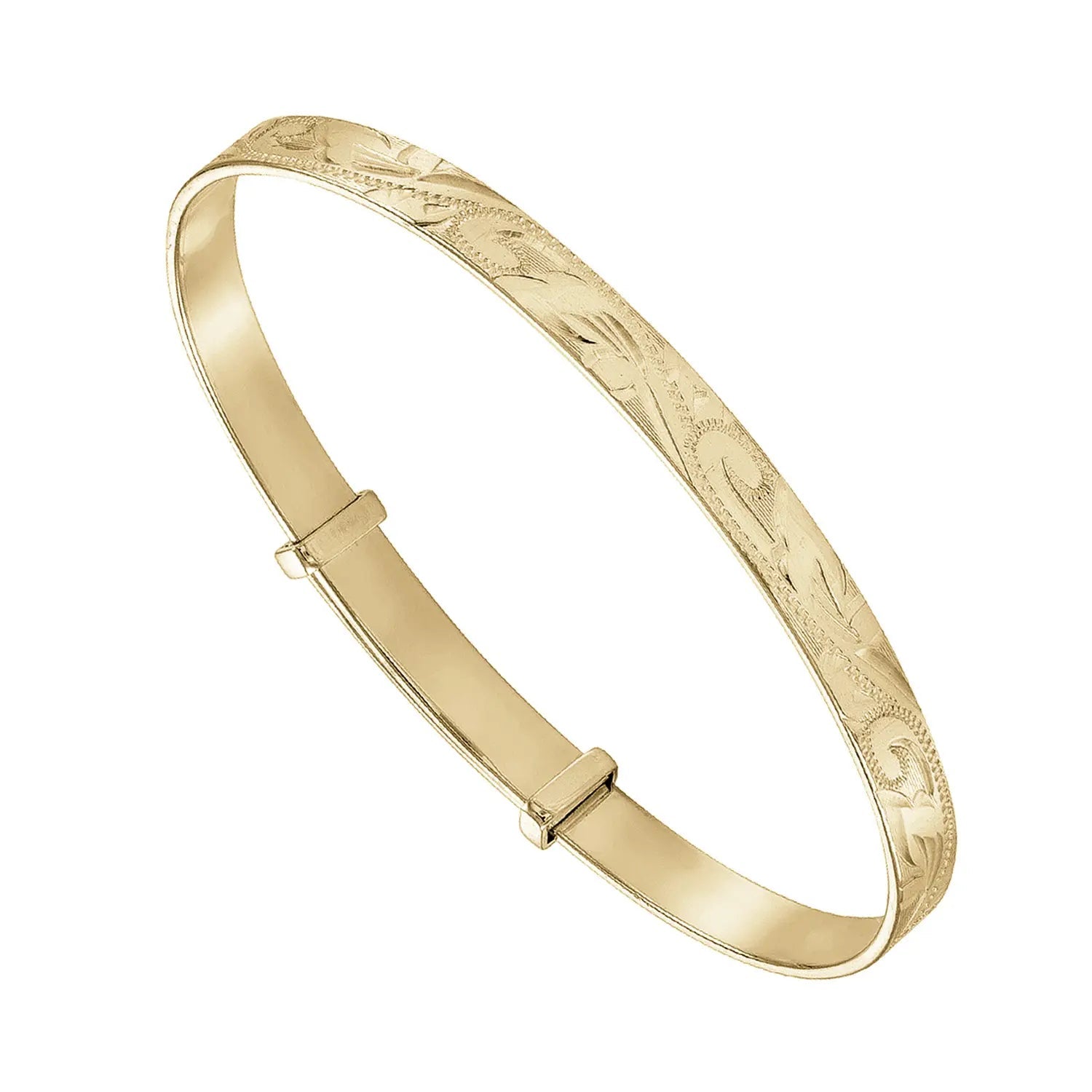 9ct yellow gold small ladies’ expandable bangle, hand-engraved with floral pattern, oval shape, 4mm wide flat wire, handmade in the UK