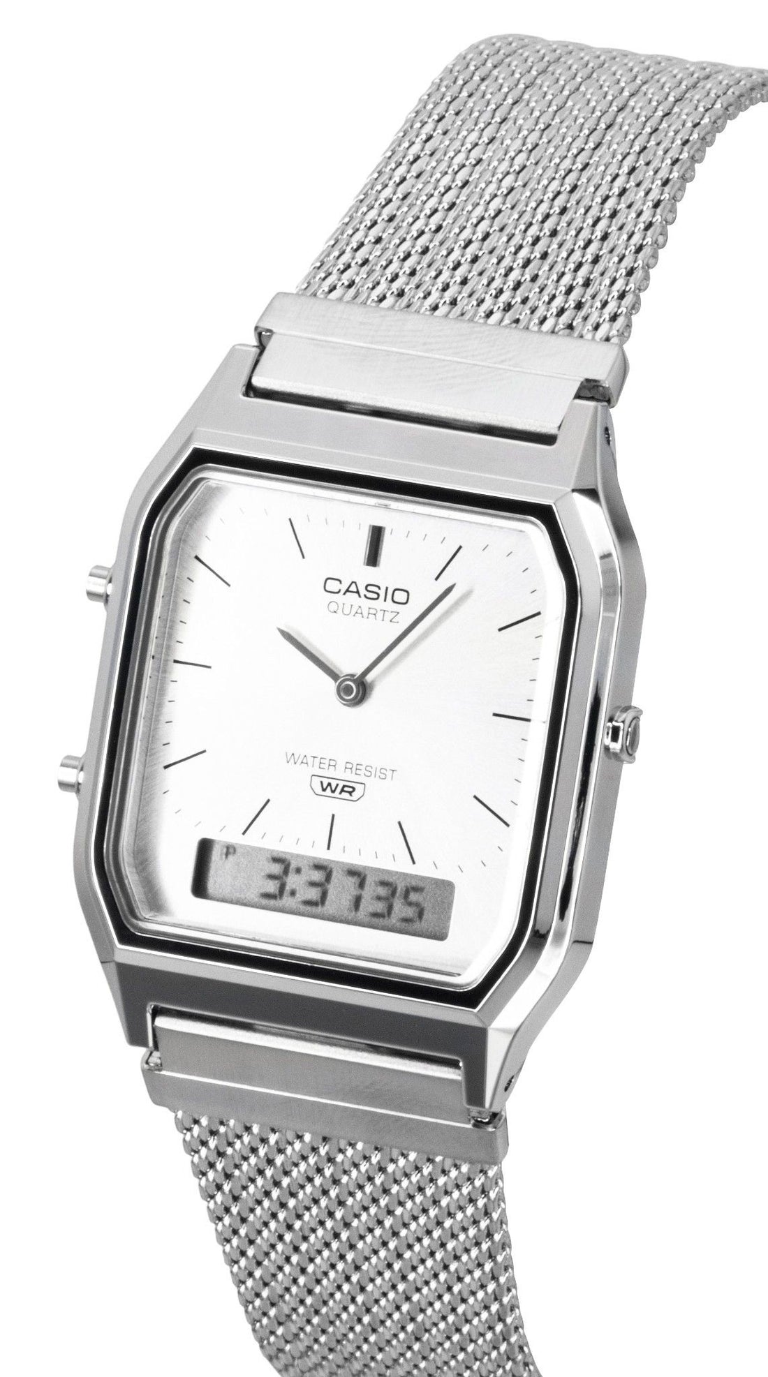 Casio Vintage Analog Digital Stainless Steel Mesh Bracelet Silver Dial Quartz AQ-230EM-7A Unisex Watch