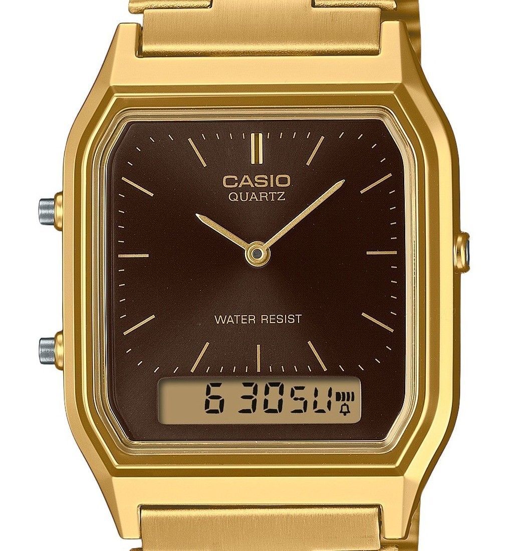 Casio Vintage Analog Digital Gold Tone Stainless Steel Brown Dial Quartz AQ-230GA-5A Unisex Watch