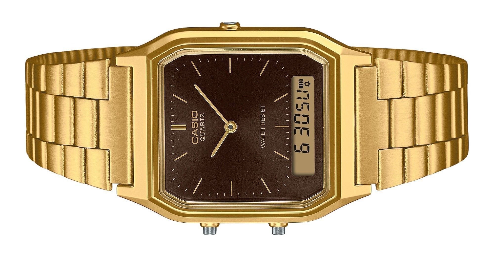 Casio Vintage Analog Digital Gold Tone Stainless Steel Brown Dial Quartz AQ-230GA-5A Unisex Watch