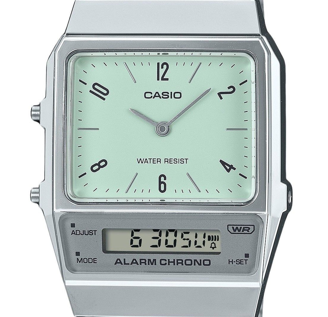 Casio Vintage Analog Digital Dual Time Stainless Steel Bracelet Green Dial Quartz AQ-800E-3A Unisex Watch