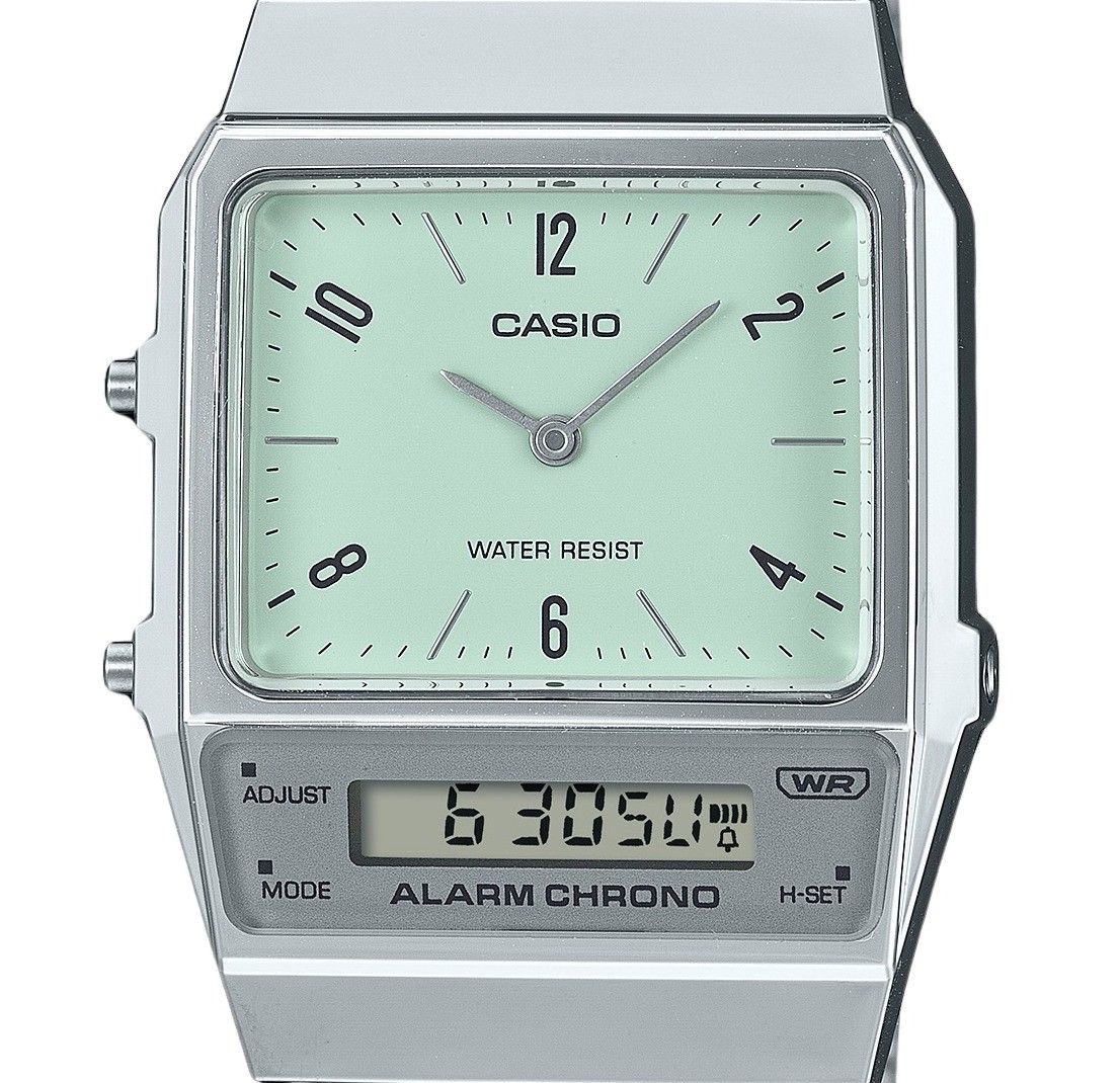 Casio Vintage Analog Digital Dual Time Stainless Steel Bracelet Green Dial Quartz AQ-800E-3A Unisex Watch