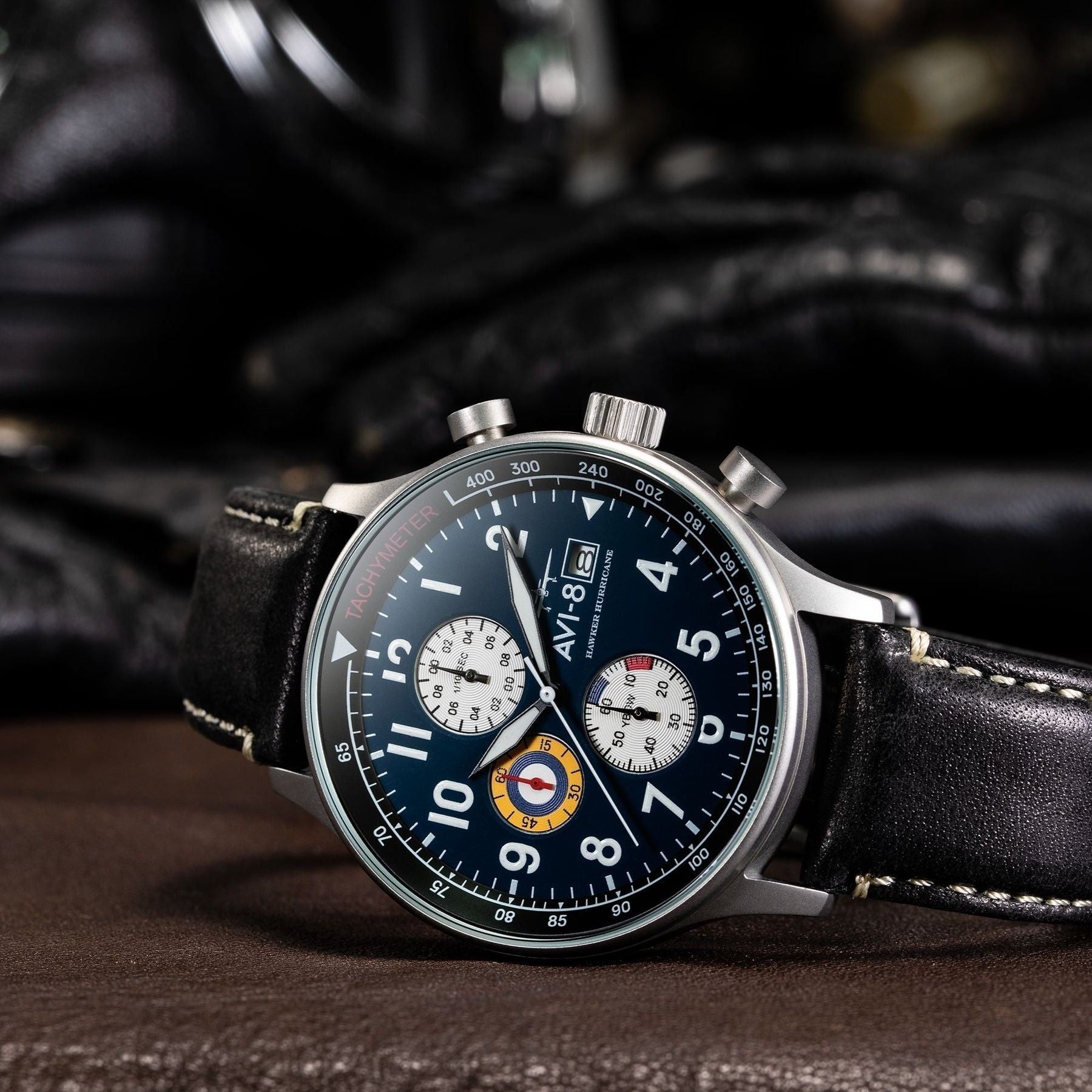 AVI-8 Hawker Hurricane Classic Chronograph Midnight Black Leather Strap Blue Dial Quartz AV-4011-0I Men's Watch