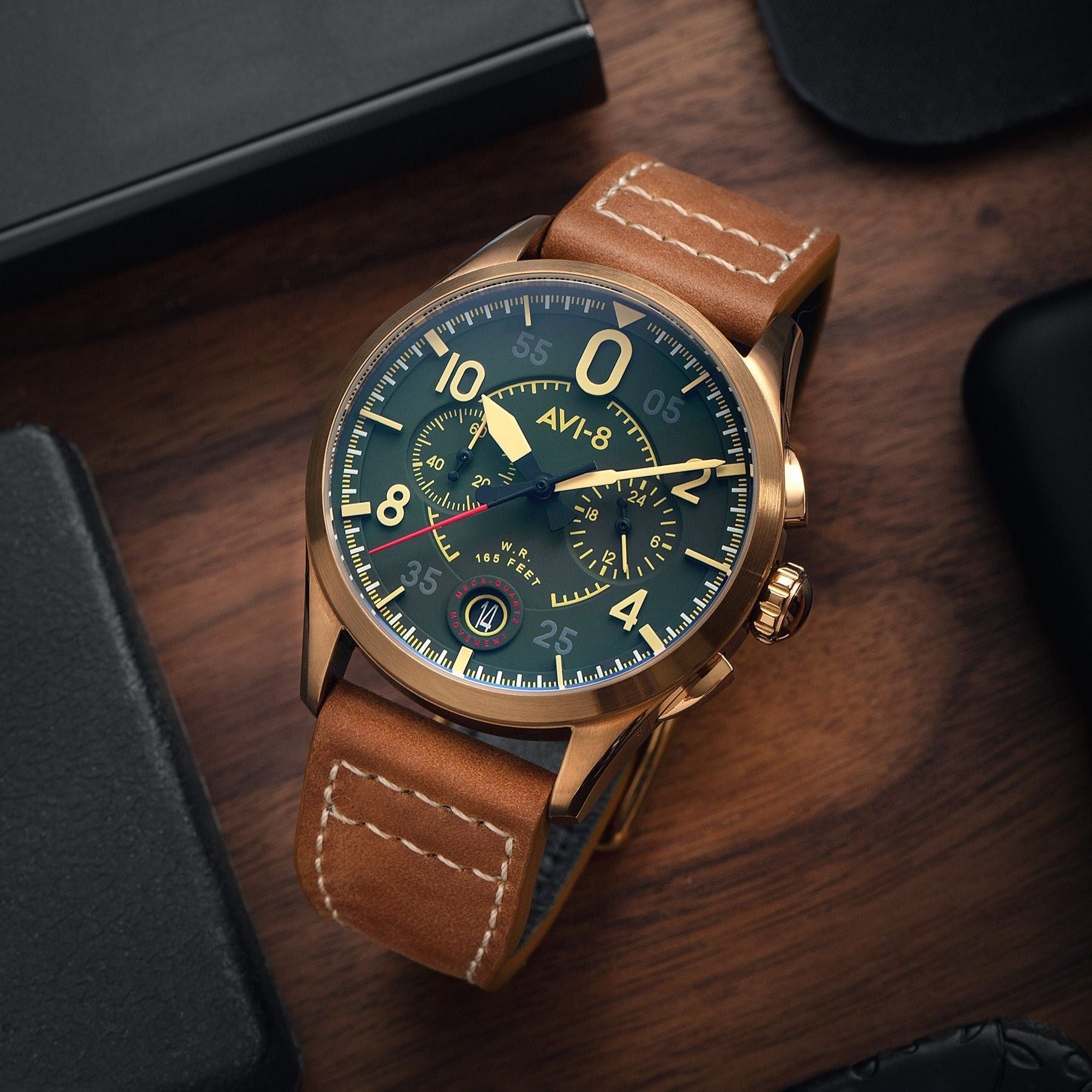 AVI-8 Spitfire Lock Chronograph Leather Strap Bronze Green Dial Quartz AV-4089-02 Men's Watch