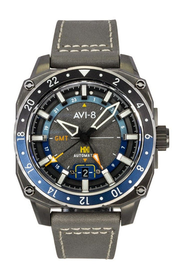 AVI-8 Hawker Hunter Atlas GMT Leather Strap Mist Grey Dial Automatic AV-4122-04 Men's Watch