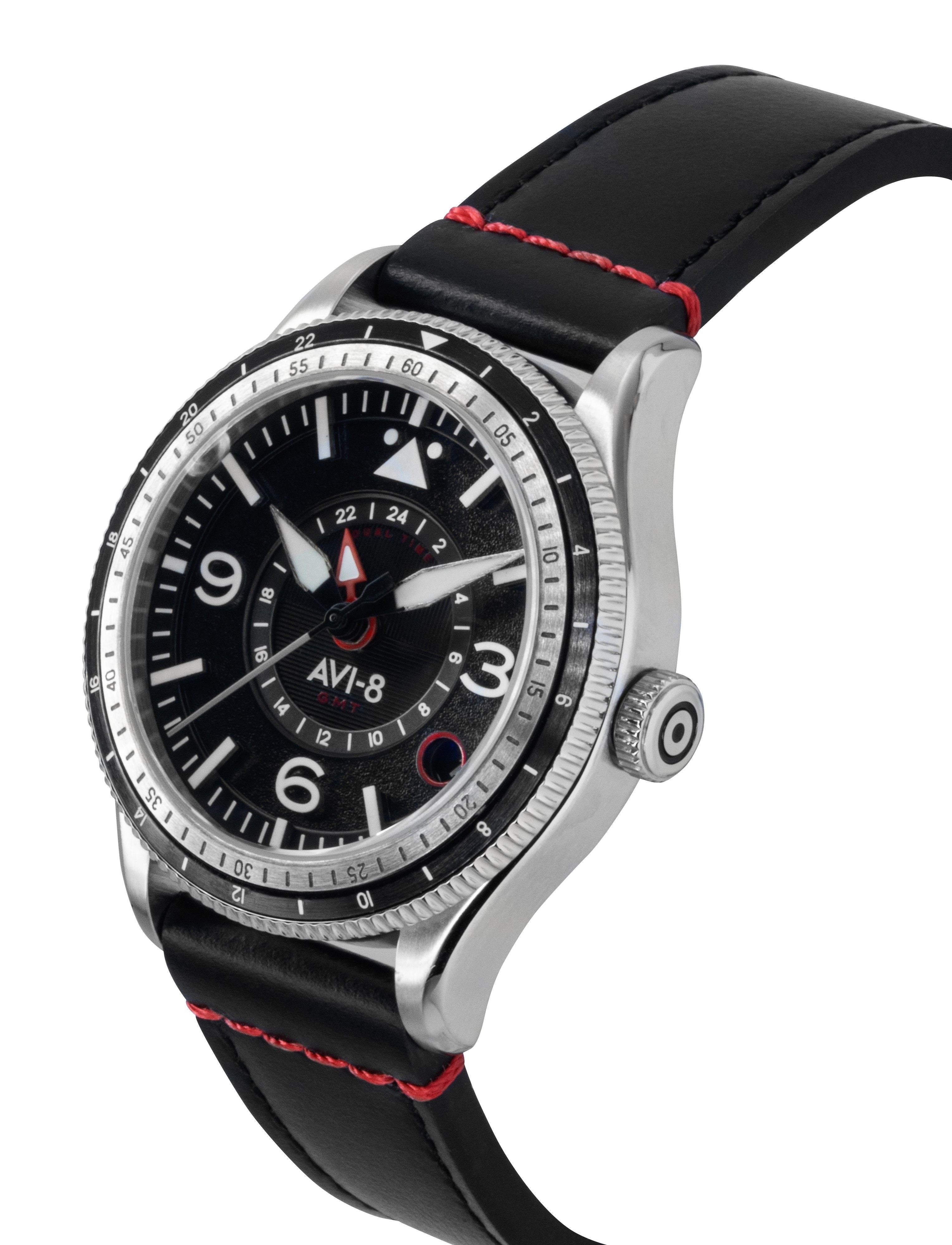 AVI-8 Flyboy Airmaster GMT Leather Strap Engine Black Dial Automatic AV-4128-01 Men's Watch