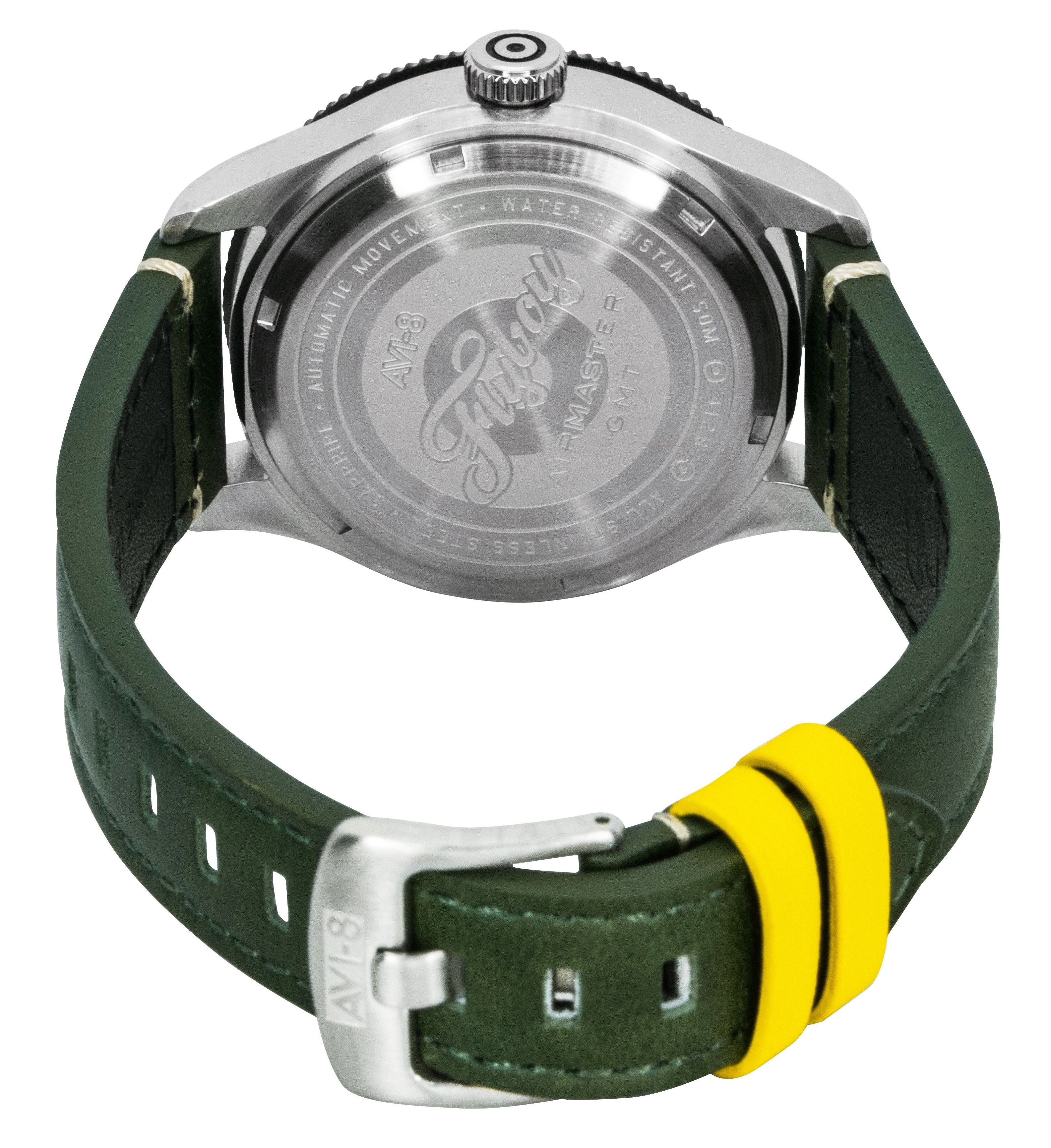 AVI-8 Flyboy Airmaster GMT Fuselage Green Leather Strap Green Dial Automatic AV-4128-03 Men's Watch