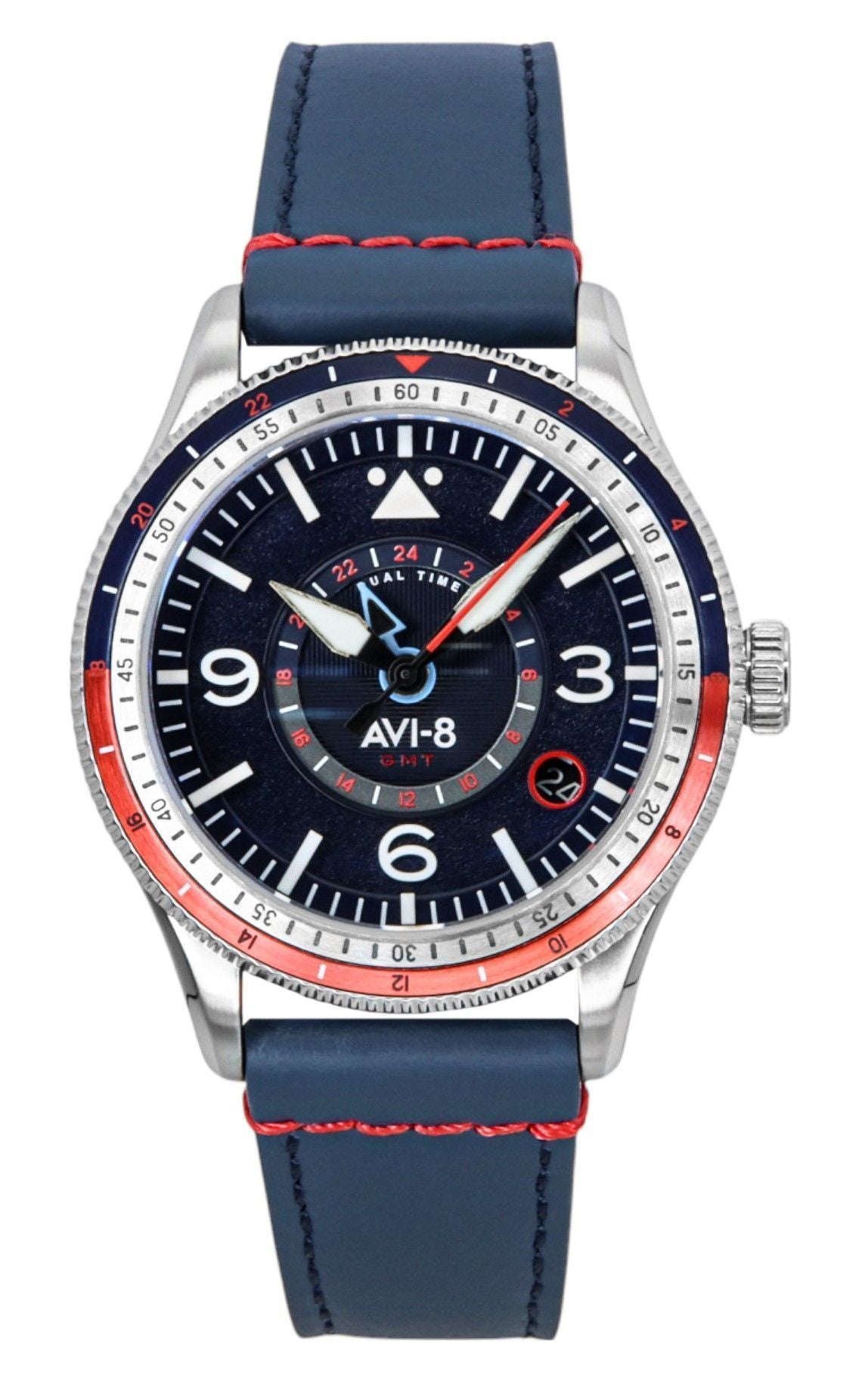 AVI-8 Flyboy Airmaster GMT Cockpit Blue Leather Strap Blue Dial Automatic AV-4128-04 Men's Watch