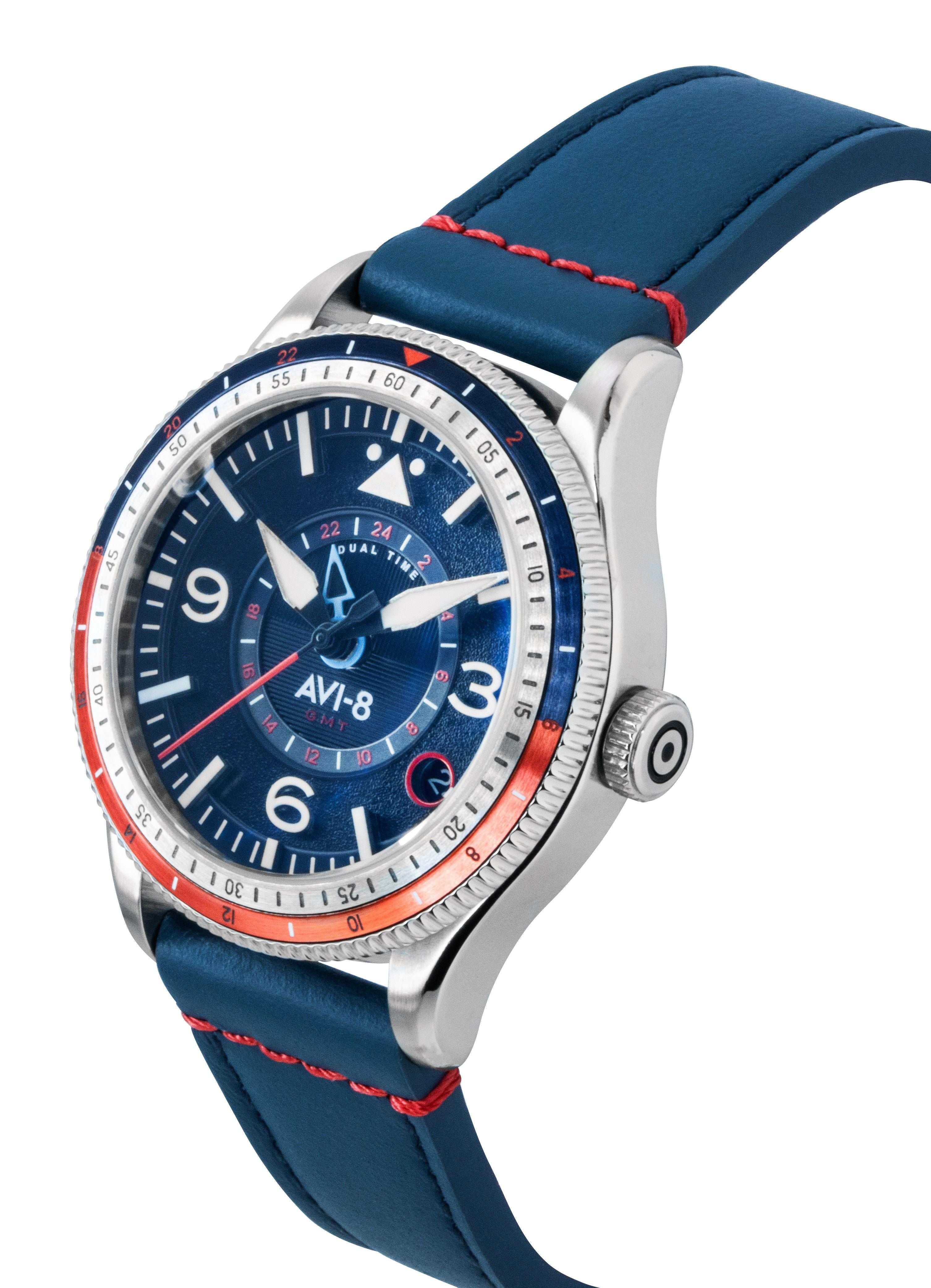 AVI-8 Flyboy Airmaster GMT Cockpit Blue Leather Strap Blue Dial Automatic AV-4128-04 Men's Watch