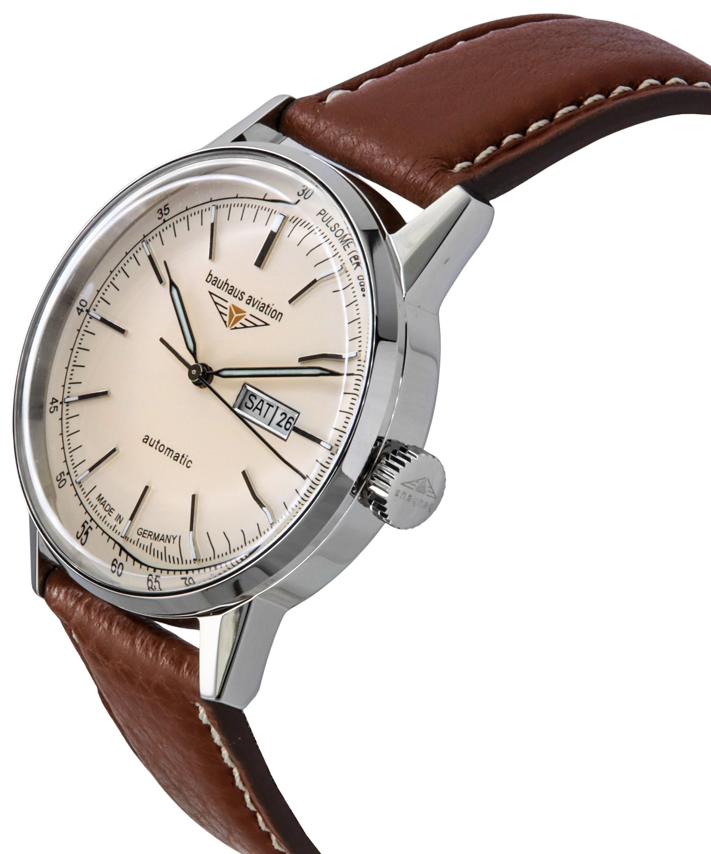 Bauhaus Aviation Leather Strap Beige Dial Automatic 23665 100M Men's Watch