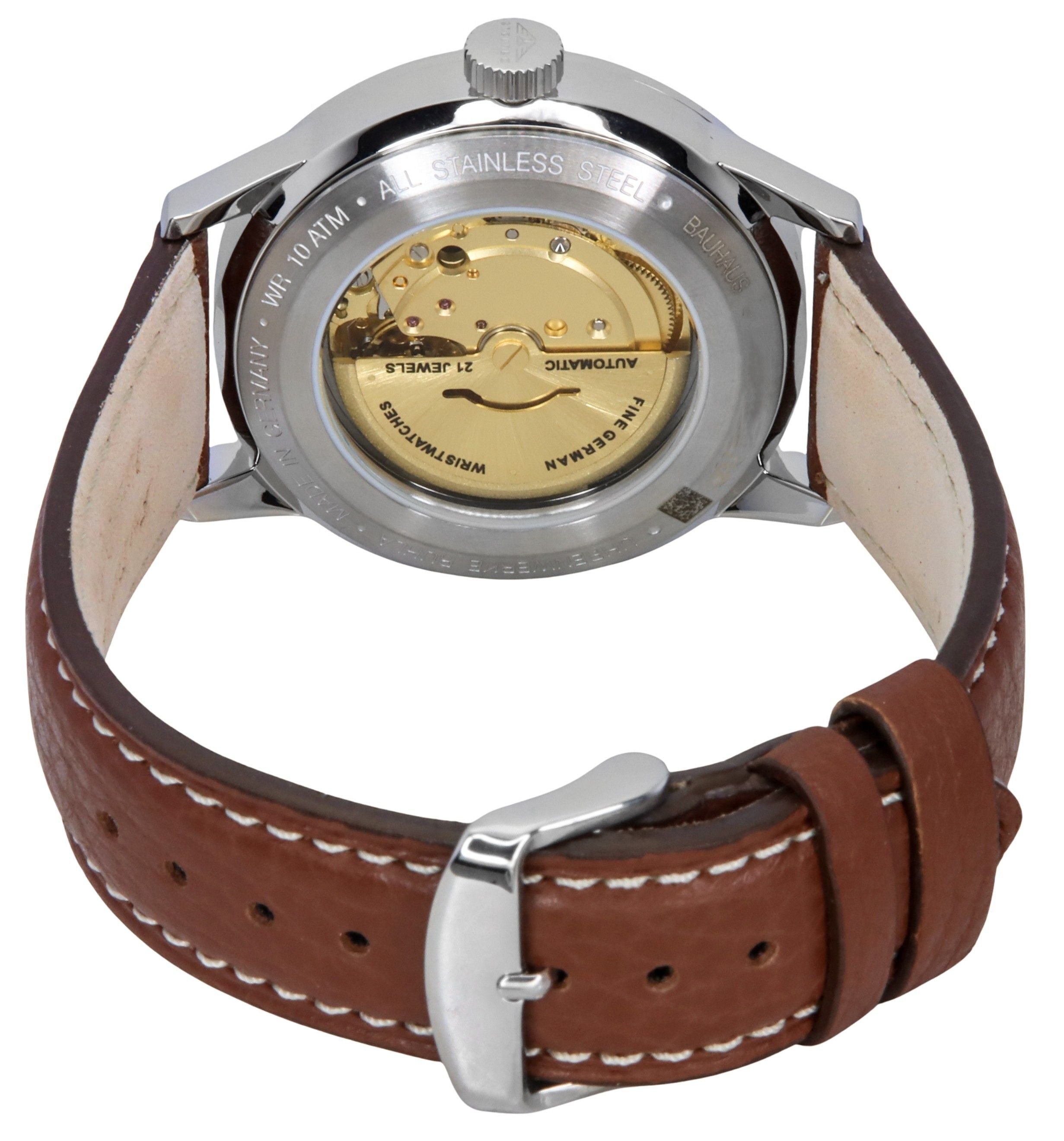 Bauhaus Aviation Leather Strap Beige Dial Automatic 23665 100M Men's Watch